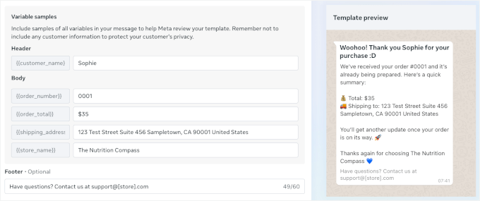 Tester le modèle de message avec des exemples de variables