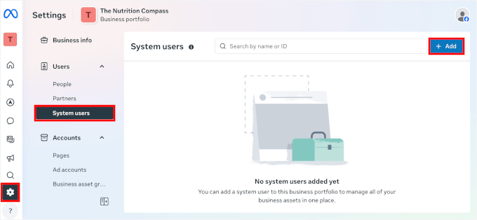 Ajout d'un utilisateur système dans Meta