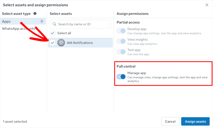Activation du contrôle total dans un actif Meta