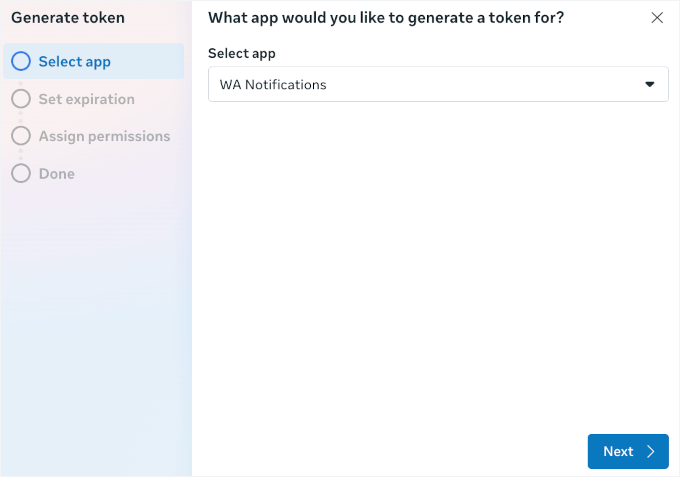 Sélection de l'application pour générer un jeton permanent