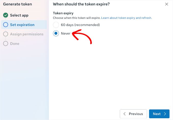 Configuration de l'expiration du jeton à jamais