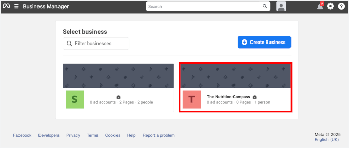 Sélectionner une entreprise dans le gestionnaire d'entreprises Meta