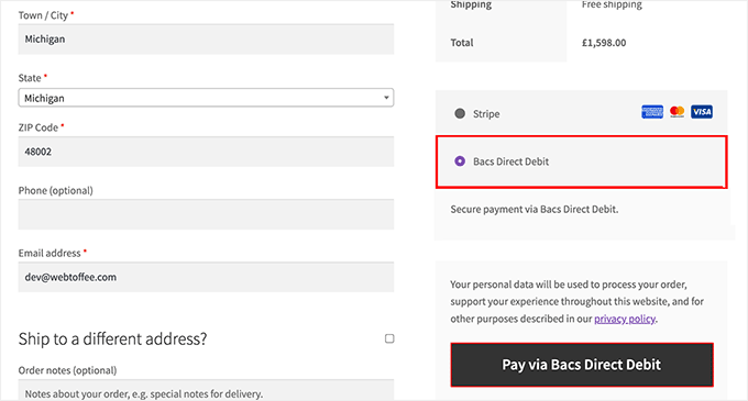 Preview of Bacs direct debit in WooCommerce
