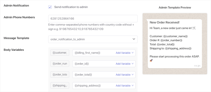 Détails de l'administrateur pour la notification de nouvelle commande