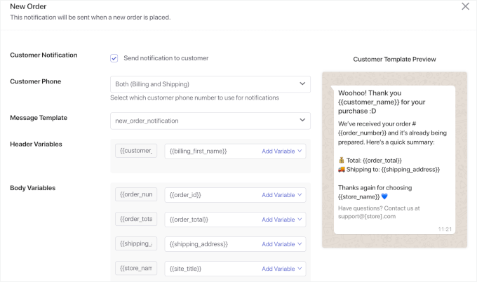 Détails du client pour la notification de nouvelle commande