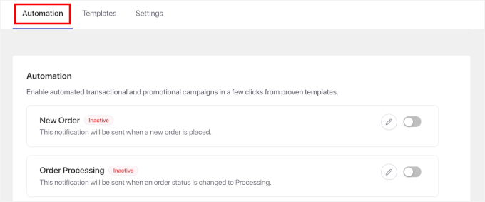 L'onglet Automatisation dans PushEngage