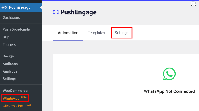 Onglet Paramètres dans le menu WhatsApp de PushEngage