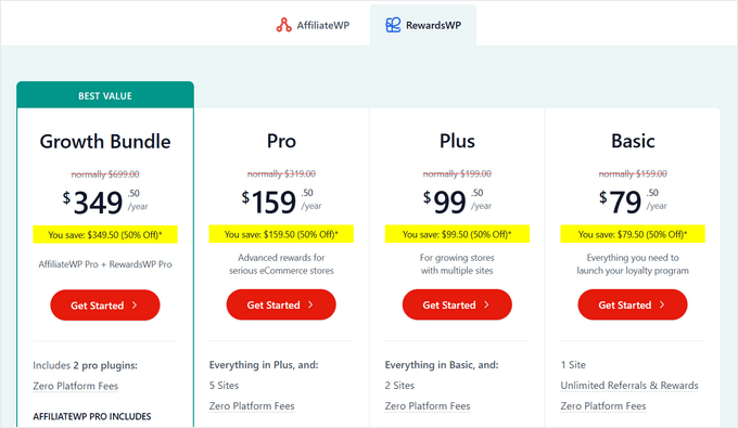 Diferite planuri și niveluri de prețuri ale RewardsWP Diferite planuri și niveluri de prețuri ale RewardsWP
