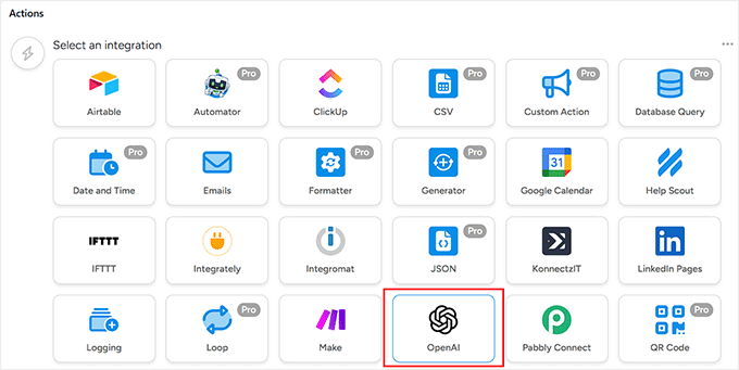 Select OpenAI as the action integration in Uncanny Automator Select OpenAI as the action integration in Uncanny Automator