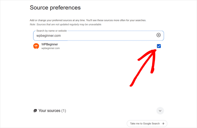 Select WPBeginner as a preferred source in Google