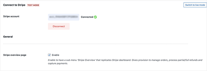 Stripe is now connected to your WooCommerce store