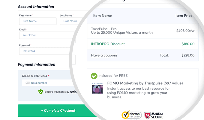TrustPulse checkout and payment
