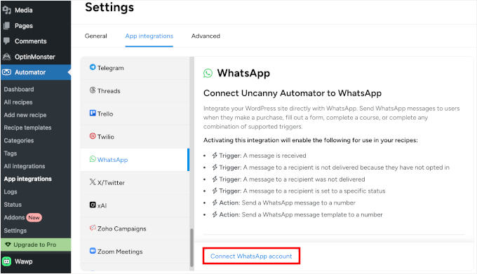 Connecter Uncanny Automator à WhatsApp