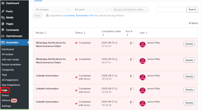 Les journaux dans Uncanny Automator