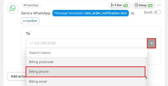 Choix de la balise dynamique Téléphone de facturation