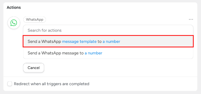 Choix d'envoyer un modèle de message WhatsApp pour l'action