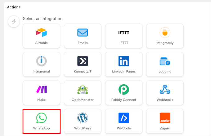 Sélection de l'intégration WhatsApp pour l'action