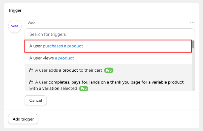 Un utilisateur achète un produit déclencheur