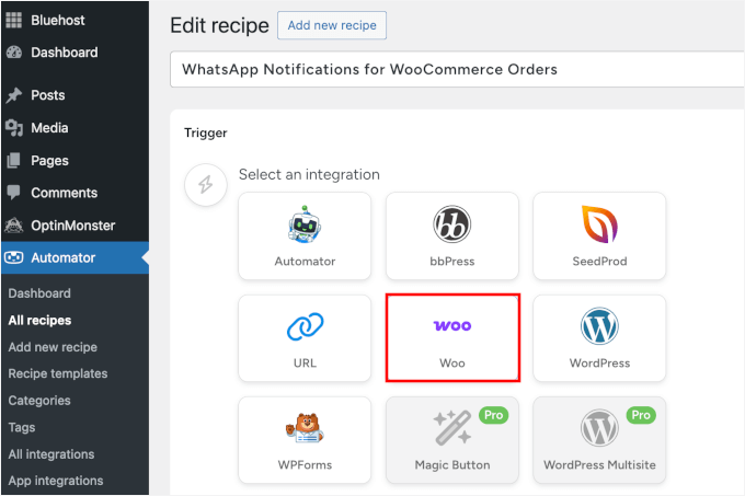 Choisir WooCommerce comme déclencheur