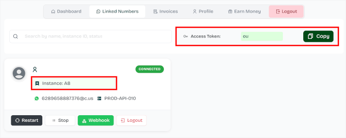 Copie du jeton d'accès et de l'ID d'instance