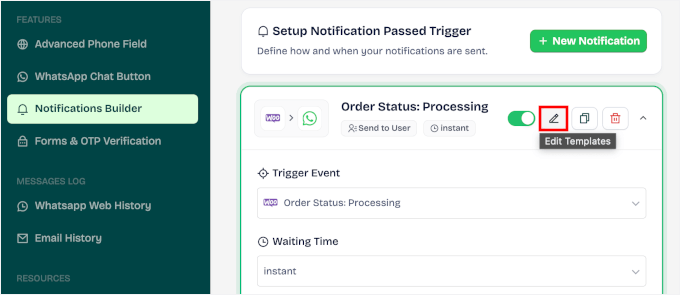 Le bouton Modifier le modèle dans Wawp