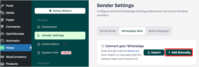 Choix de la connexion manuelle pour Wawp et WordPress