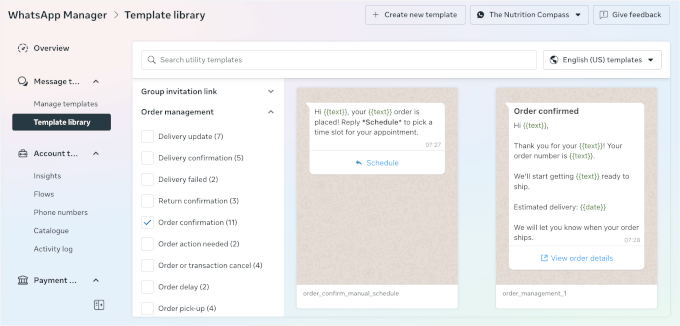 Bibliothèque de modèles dans le gestionnaire WhatsApp