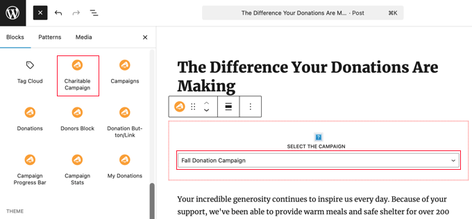 Adding a WP Charitable Campaign Block to a Post