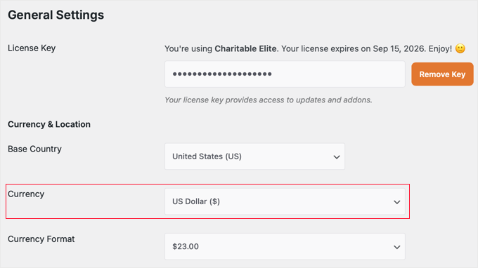 WP Charitable Location & Currency Settings