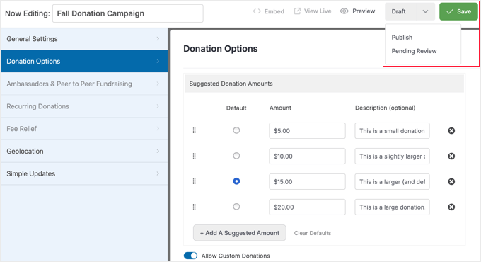 WP Charitable Donation Options