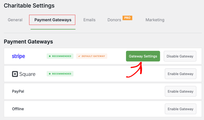 In WP Charitable, Click the Stripe 'Gateway Settings' Button
