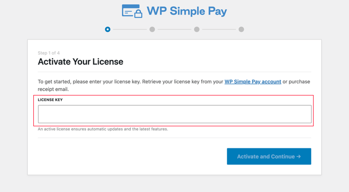 WP Simple Pay Wizard Enter License Key