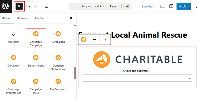 Add Charitable campaign block to a page