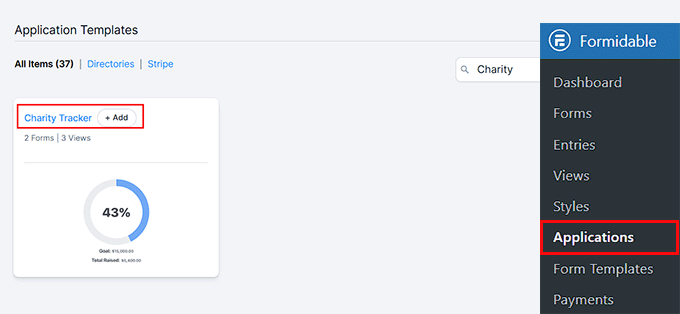 Add the Charity Tracker application in Formidable Forms