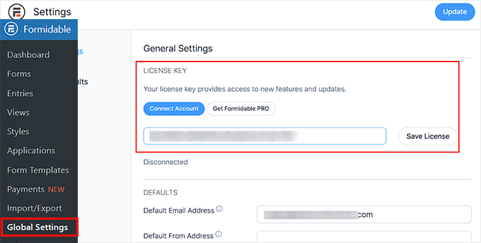 Add the license key in Formidable Forms