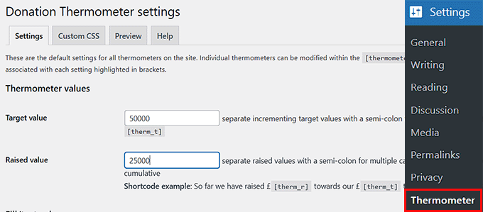 Add target and raised value for your fundraising thermometer