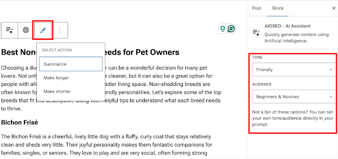AIOSEO 's AI assitance options for tone and audience