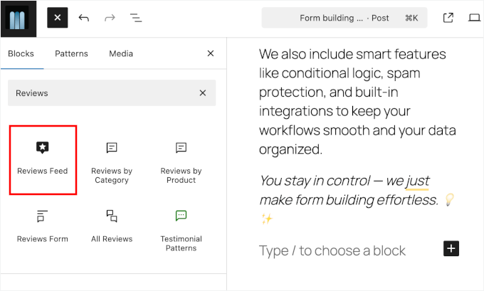 Adding Reviews Feed block Adding Reviews Feed block
