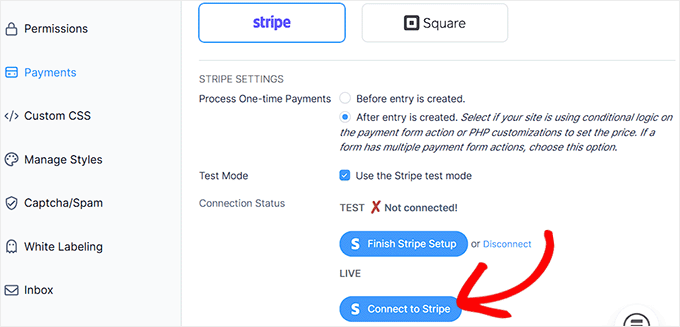 Click the Connect to Stripe button in Formidable Forms