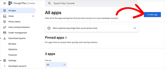 Click the Create App button in Google Play Console