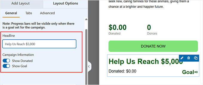 Configure headline and campaign information for the fundraising thermometer in Charitable