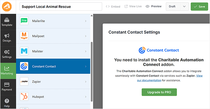 Connect donation form to email marketing service in Charitable