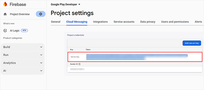 Copy server key from Firebase console