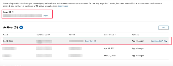 Download Apple API key from account dashboard
