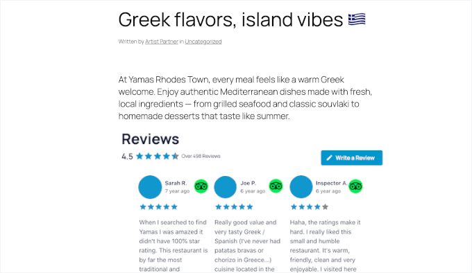 TripAdvisor reviews feed on a live site