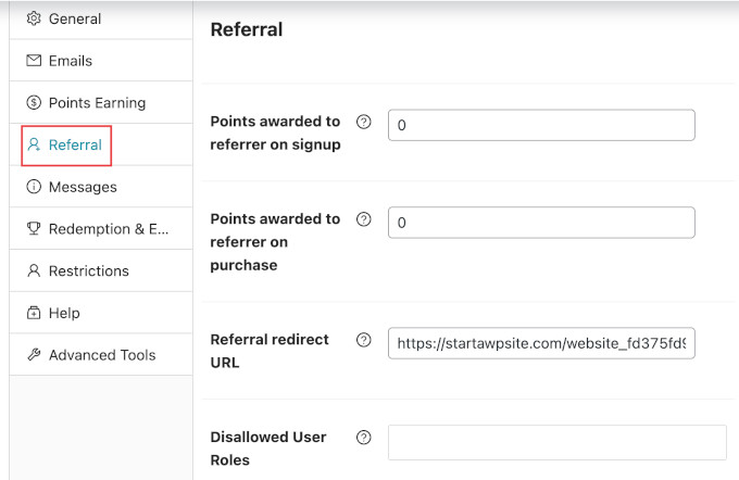 Loyalty program referral settings