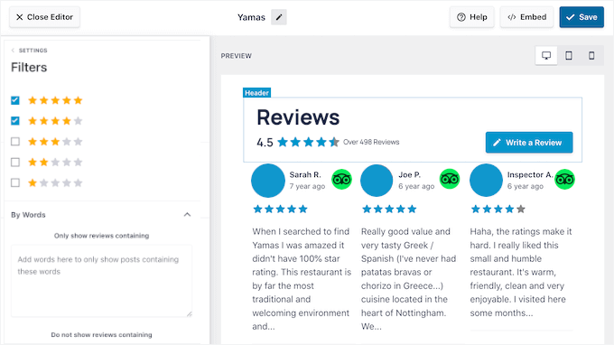 Filtering options in Reviews Feed