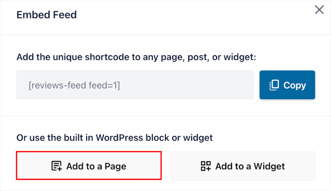 Choosing the Add to a Page option on the Embed Feed popup Choosing the Add to a Page option on the Embed Feed popup