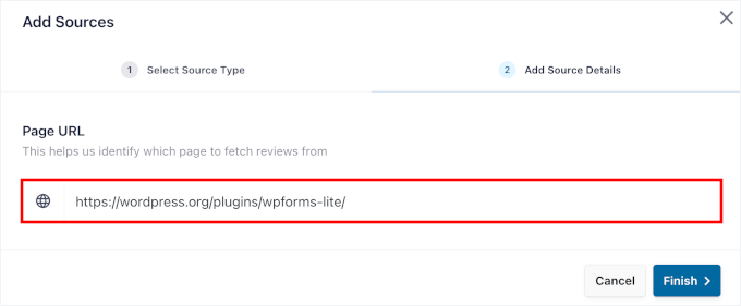 Entering the plugins' URL into the Page URL field Entering the plugins' URL into the Page URL field