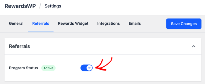 Toggle RewardWP's Program Status Setting to Active Toggle RewardWP's Program Status Setting to Active